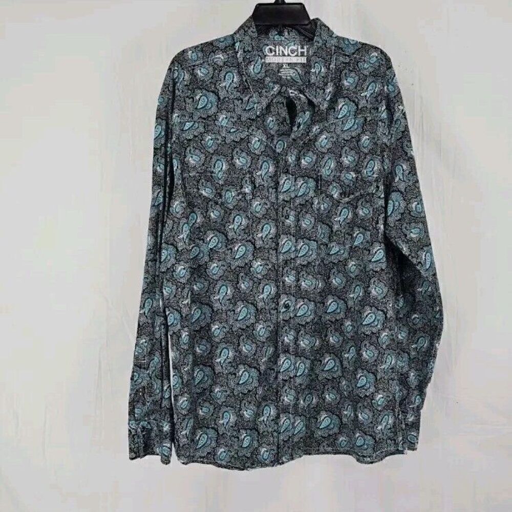 Cinch Modern Fit Black Pearl Snap Turquoise Paisley Print Mens Size XL Western